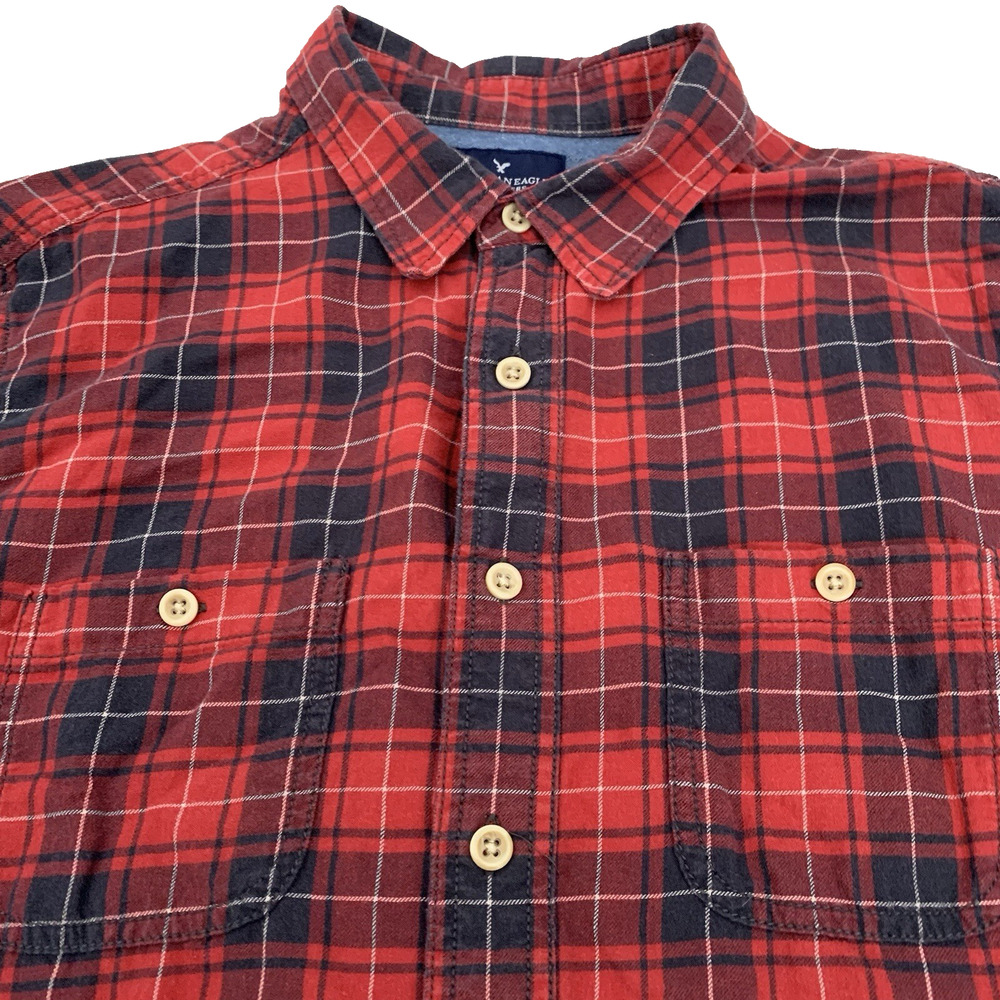 American Eagle Shirt Mens LT Large Tall Red Plaid Button Up Utility Pockets Lite